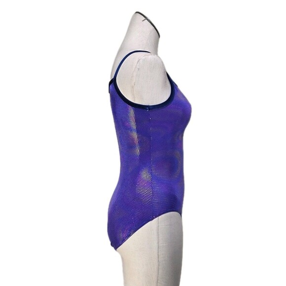 GK Elite VTG Purple Pixelated Swirl Camisole Leotard Velvet Trim Size AM Adult M - Picture 4 of 16